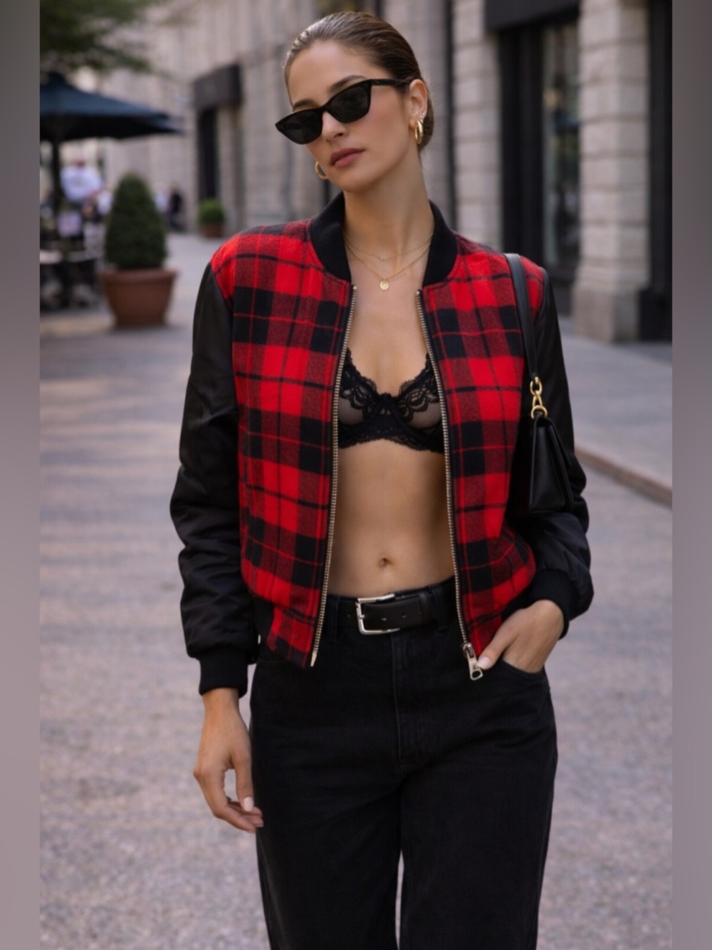 UNIF Reversible Plaid Bomber Red Black Jacket NWT Size Small Grunge Cropped